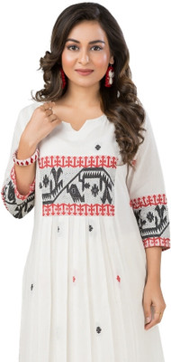 Crazy Needle Women Fit and Flare White Midi/Calf Length Dress
