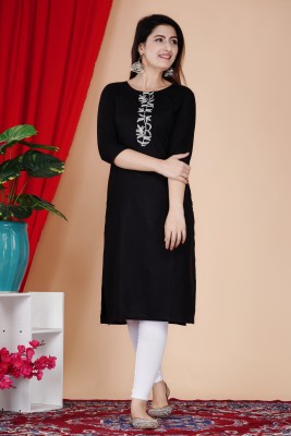 Nikhat Women Solid, Embroidered Straight Kurta(Black)