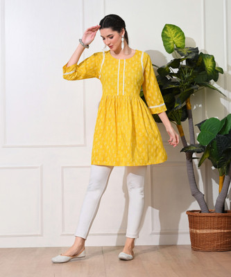 METAFAB Women Printed Flared Kurta(Yellow)
