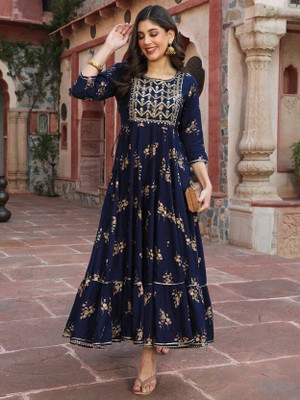 KURTI MASTER Women Embroidered Anarkali Kurta(Blue)