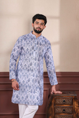 Koshin Men Printed Straight Kurta(Blue)