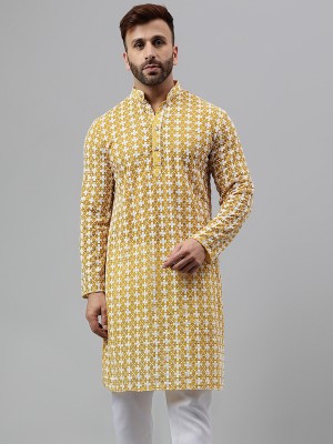 Hangup Men Woven Design A-line Kurta(Yellow, White)