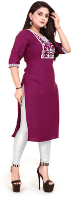 KURTIFABRIC Women Embroidered A-line Kurta(Purple)