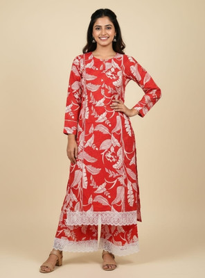 avni collection Women Woven Design Straight Kurta(Red)