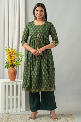 Nocika Women Printed Flared Kurta(Dark Green)