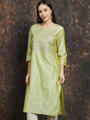 Melange by Lifestyle Women Embroidered Straight Kurta(Green)