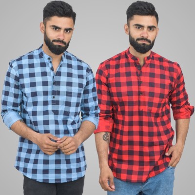 QuaClo Men Checkered Straight Kurta(Light Blue, Red)