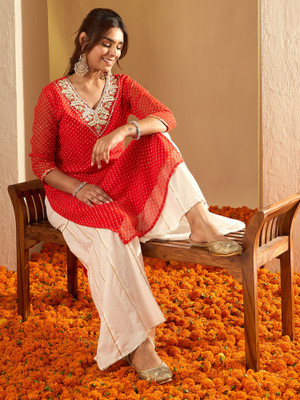 Indo Era Women Printed Straight Kurta(Orange)