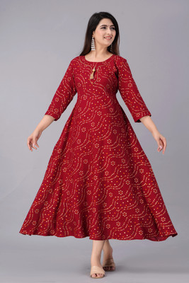 SMIEN Women Printed Anarkali Kurta(Red)