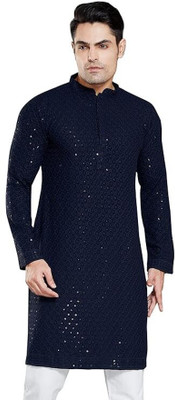 garviya fashion Men Embellished, Self Design Straight Kurta(Dark Blue)
