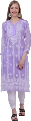 SUI DHAAGA Women Chikan Embroidery, Embroidered, Paisley Straight Kurta(Purple, White)