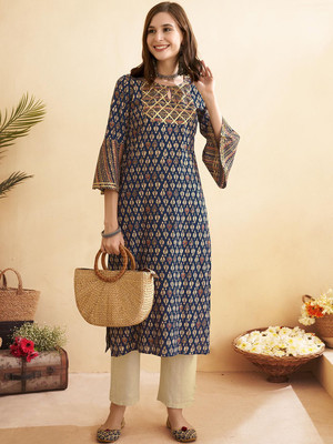 ANOUK Women Printed A-line Kurta(Blue)