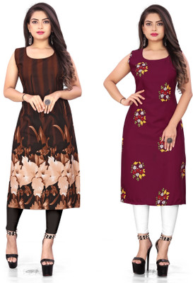 Hiral Creation Women Floral Print Straight Kurta(Brown, Maroon)