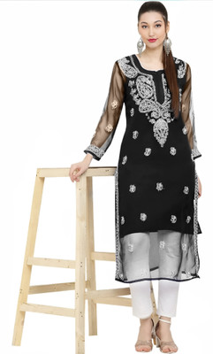 SMAfashion Women Chikan Embroidery Straight Kurta(Black, White)