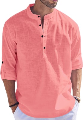 FOLGEN Men Solid Straight Kurta(Pink)