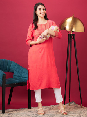 AV2 Women Solid, Printed Straight Kurta(Orange, Gold)