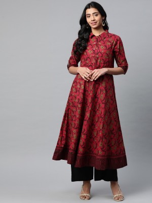 Yash Gallery Women Printed Anarkali Kurta(Maroon)