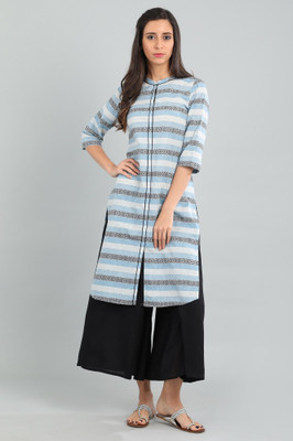 Aurelia Women Striped Frontslit Kurta(White, Blue, Black)