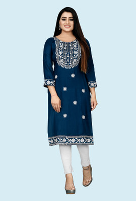 STONE Women Embroidered Straight Kurta(Blue)