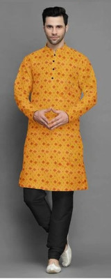 PRIDE SALES Men Floral Print Straight Kurta(Yellow)