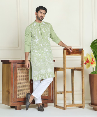 Jompers Men Embroidered Straight Kurta(Green)