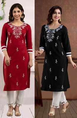 SISTO Women Chikan Embroidery Straight Kurta(Multicolor)