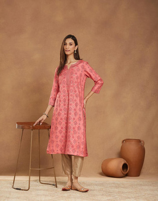 Fabindia Women Printed Straight Kurta(Pink)