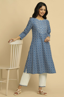 W Women Geometric Print A-line Kurta(Dark Blue, White)