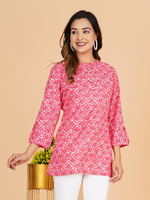 Blocks Of India Women Floral Print Cape Top Kurta(Pink, White)