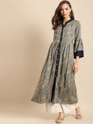 ANOUK Women Printed Anarkali Kurta(Grey)