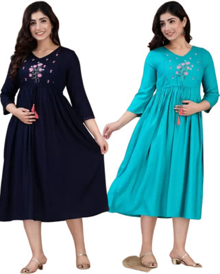 Priyas Creation Women Printed Flared Kurta(Blue, Light Blue)