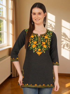 Miss Peach Women Embroidered A-line Kurta(Black)