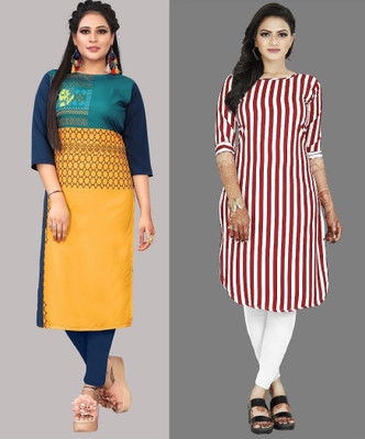 Hiral Creation Women Striped Straight Kurta(Yellow, Red)