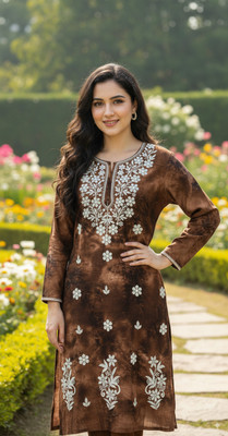 ChikankariArts Women Embroidered Straight Kurta(Brown, White)