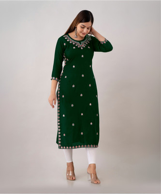 HouseOfCommon Women Embroidered Straight Kurta(Green)