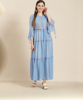 Juniper Women Embroidered Frontslit Kurta(Blue)