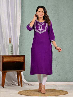 Ramkudi Women Embroidered A-line Kurta(Purple)