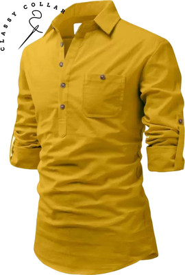 Classycollar Men Solid Pathani Kurta(Yellow)