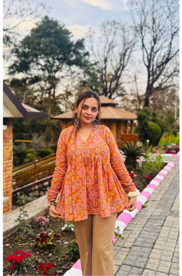 AQUACOLLECTION Women Printed A-line Kurta(Orange)