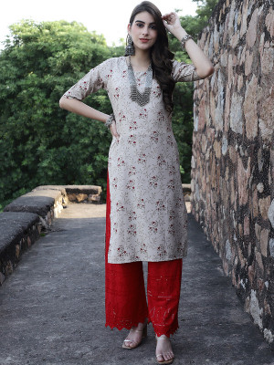 1 Stop Fashion Women Printed Straight Kurta(Beige)