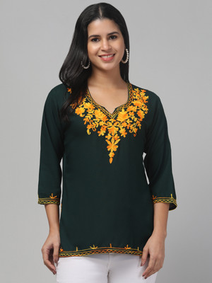 Style Access Women Embroidered Straight Kurta(Dark Green, Yellow)