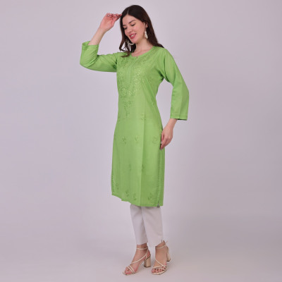 Aqsha Chikan Handicraft Women Embroidered Straight Kurta(Light Green)