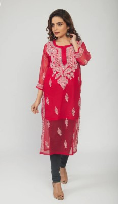 elegance chikankari Women Chikan Embroidery Straight Kurta(Red)