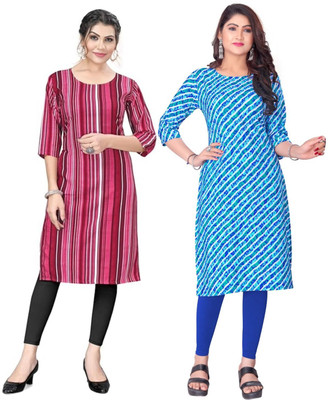 Dhrutiivaste Women Printed, Striped Straight Kurta(Pink, Blue)