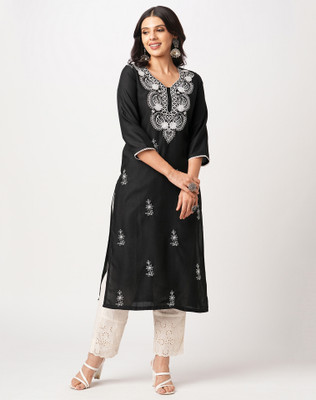 Anmi Embroidered Women Straight Kurta(Black)