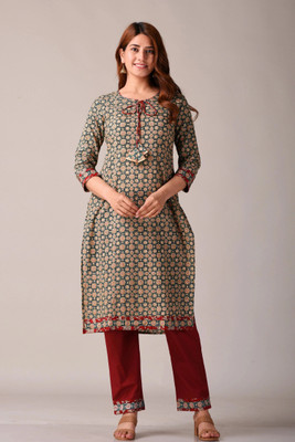 Kannahi Women Printed Straight Kurta(Green)