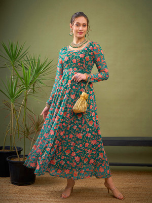 Shae by SASSAFRAS Women Floral Print Flared Kurta(Green)