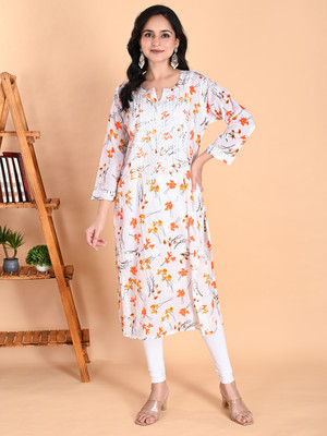 Nazaira Women Floral Print, Chikan Embroidery Straight Kurta(Multicolor)