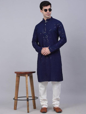 DHASU TRENDZ Men Embellished, Chikan Embroidery Straight Kurta(Blue)