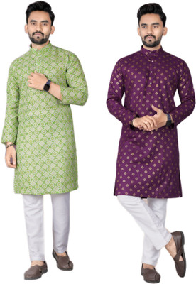 DHASU TRENDZ Men Printed, Woven Design Straight Kurta(Light Green, Purple)